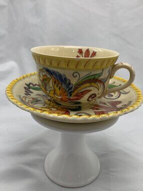 Hand-Painted Ceramic Cup & Saucer Vibrant Floral Motif Vintage Style England